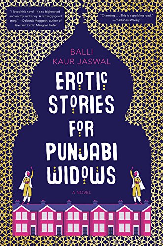 Book cover for Erotic Stories for Punjabi Widows by Balli Kaur Jaswal. The cover depicts two women dressed in traditional salwar kameez standing on either side of a series of magenta buildings, enveloped by a silhouetted dome shape of a gurudwara with a deep bluish-purple backdrop. The margins are a dense criss-cross pattern in golden. Two short review extracts are aligned to the top left and top right corners