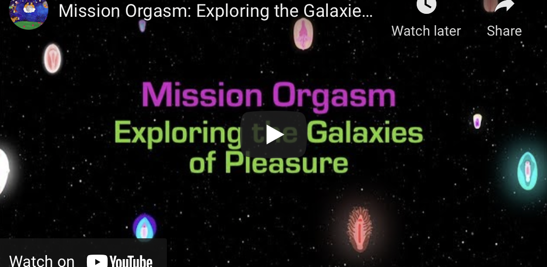 A galaxy of stars with little illustrations and the title written in bright pink and green fonts in the centre.