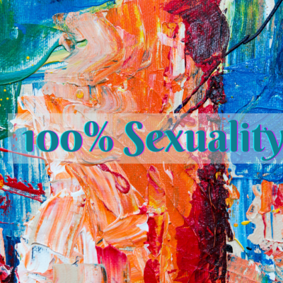 A colourful background with “100 % sexuality” written in blue with pink shadow around the text.