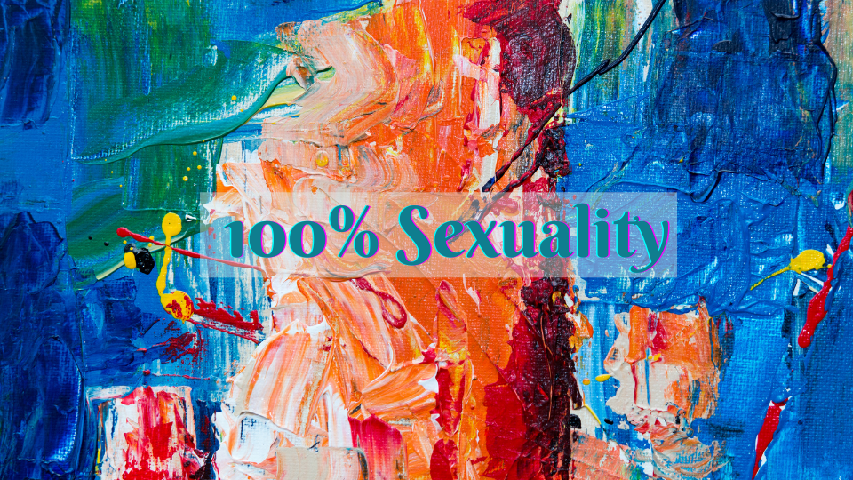 A colourful background with “100 % sexuality” written in blue with pink shadow around the text.