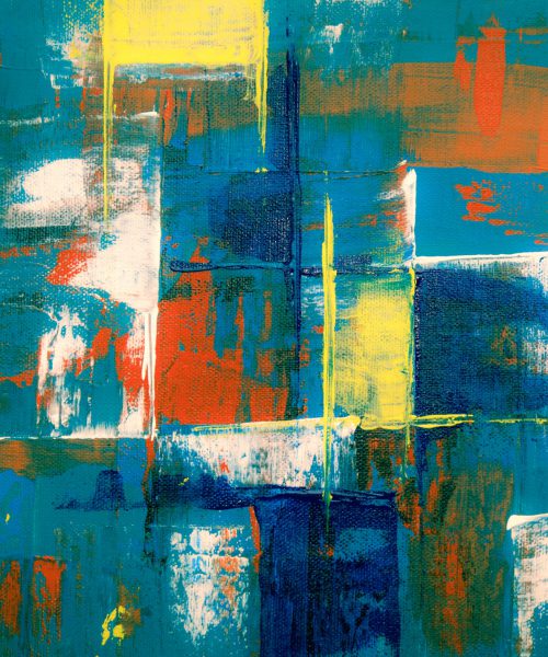 An abstract painting of teal squares with splashes of orange, white, blue and yellow.