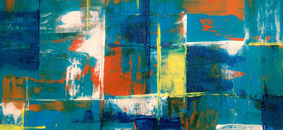 An abstract painting of teal squares with splashes of orange, white, blue and yellow.
