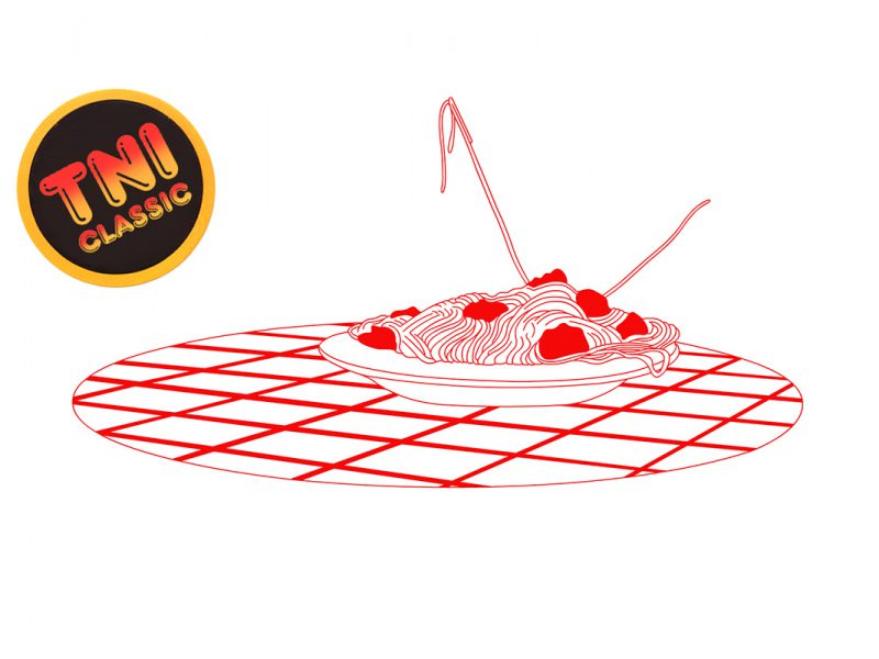 A red and white illustration of a spaghetti dish placed upon a chequered tablecloth. Strands of spaghetti are being slurped by two invisible entities. On the top left is a circle sticker with black background and a gold border. The sticker has the text “TNI CLASSIC” in a red and yellow top-to-bottom gradient colour.