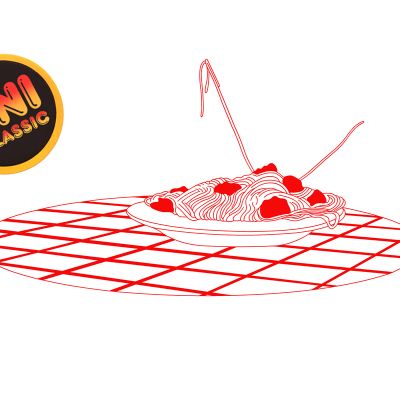 A red and white illustration of a spaghetti dish placed upon a chequered tablecloth. Strands of spaghetti are being slurped by two invisible entities. On the top left is a circle sticker with black background and a gold border. The sticker has the text “TNI CLASSIC” in a red and yellow top-to-bottom gradient colour.