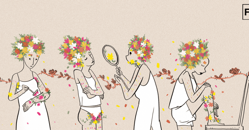 An illustration of four people on a beige background. Each person has multicoloured bouquet of flowers instead of hair, and flowers wrapped around different parts of their bodies. Each person is performing different acts of self-love - the one on the far left is applying is shaving flowers from their forearm, the one next to them is hugging themselves with their eyes closed, the next one is looking into a round hand mirror and the one on the far right has one leg on a chair and is shaving flowers from their leg. A branch of thorns and flowers threads through the background.