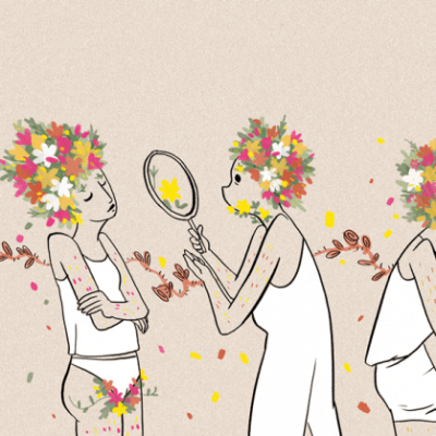 An illustration of four people on a beige background. Each person has multicoloured bouquet of flowers instead of hair, and flowers wrapped around different parts of their bodies. Each person is performing different acts of self-love - the one on the far left is applying is shaving flowers from their forearm, the one next to them is hugging themselves with their eyes closed, the next one is looking into a round hand mirror and the one on the far right has one leg on a chair and is shaving flowers from their leg. A branch of thorns and flowers threads through the background.