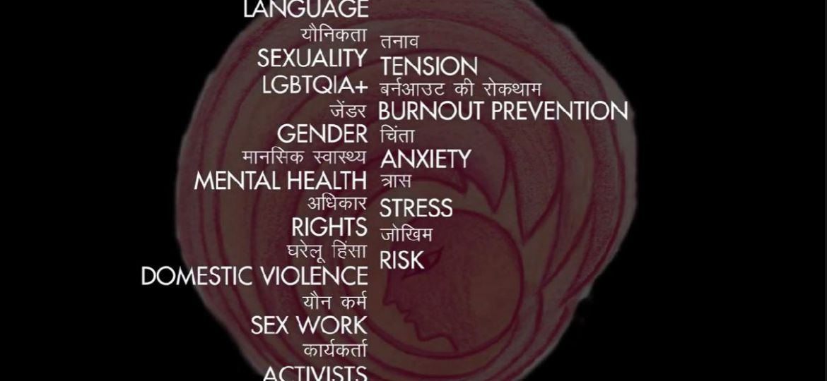 A screenshot from the video. Against a black background, there is a faded illustration of a human face surrounded by concentric wave pattern. On top of the illustration are words in English and Hindi in two columns. On the left column are the words: Language, Sexuality, LGBTQIA+, Gender, Mental Health, Rights, Domestic Violence, Sex Work, Activists. On the right column are the words: Tension, Burnout Prevention, Anxiety, Stress, Risk