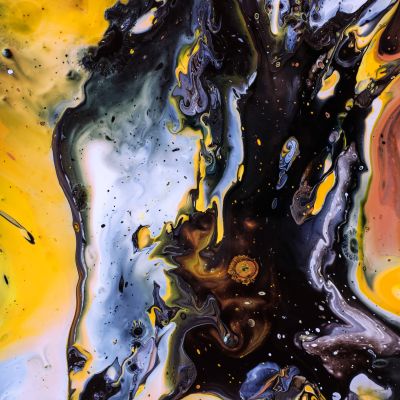 An abstract illustration of swirling patterns and splotches of mustard yellow, black, pale blue, deep orange and pale crimson. The patterns look like galaxies.