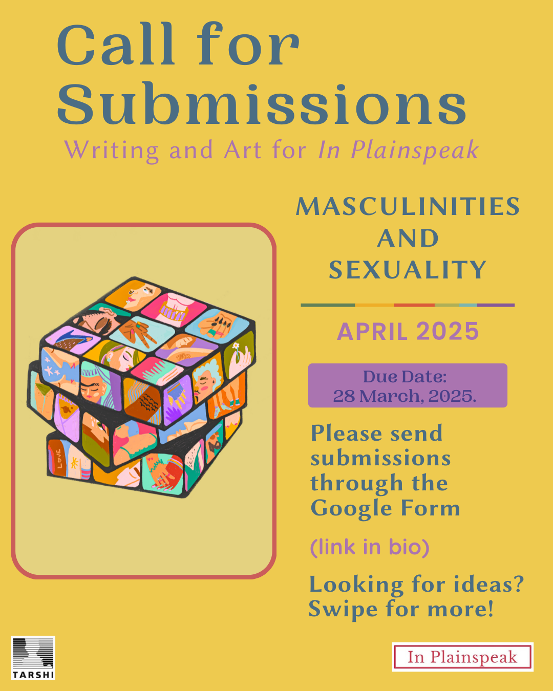 Call for submission poster for the April-May issue on Masculinities and sexuality.