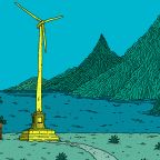 A remote landscape with mountain peaks and a few trees. There is a yellow windmill and a small path leading up to it. The sky is a shade of green-blue and the landscape is largely shades of green apart from the windmill.