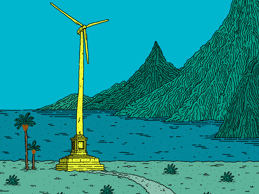 A remote landscape with mountain peaks and a few trees. There is a yellow windmill and a small path leading up to it. The sky is a shade of green-blue and the landscape is largely shades of green apart from the windmill.