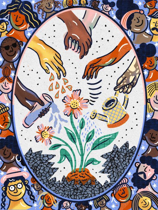 Community Needs Care - an illustration with hands watering a flower