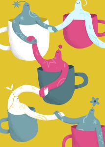 An illustration that plays on the word solidarity with different cups holding hands