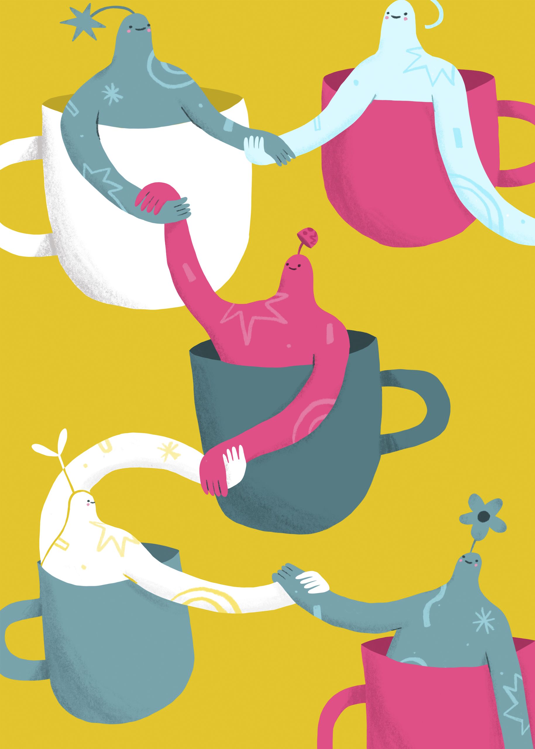 An illustration that plays on the word solidarity with different cups holding hands