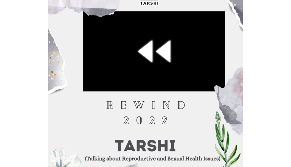 screenshot of first slide of the video with TARSHI's logo, a black rectangle with the 'rewind' symbol on it, with the words 'Rewind 2022' under it. below this is the text TARSHI (Talking About Reproductive and Sexual Health Issues)