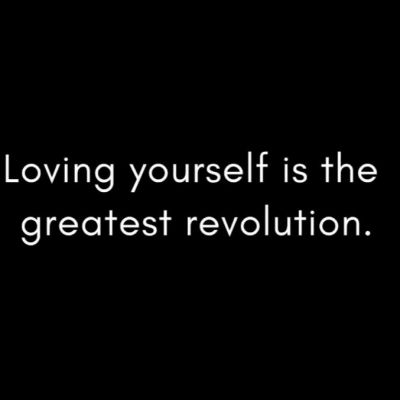 A screenshot from Trans People Talk. The text “Loving yourself is the greatest revolution” displayed over a black background.