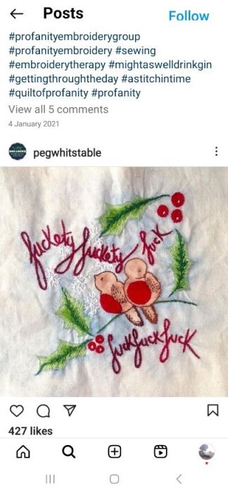 A screenshot of an image post by the Instagram account @pegwhitstable. It is an embroidered image of two birds with red bellies sitting on a mistletoe twig. The text "fuckety fuckety fuck fuck fuck fuck" is embroidered in red around the mistletoe.