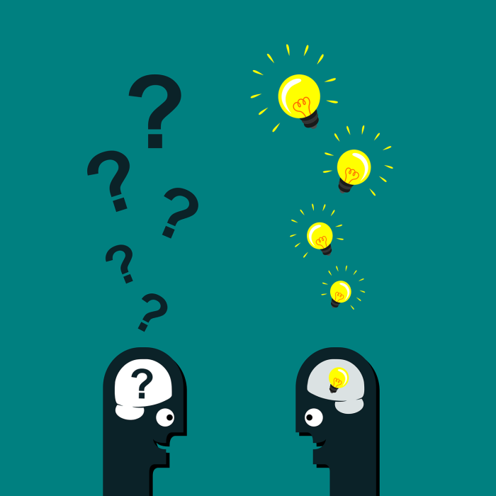 Dark geen background. Illustration of two faces facing each other. The face on the left has a question mark in their brain and question marks floating above their head. The face on the right has a bulb in their brain and lit bulbs floating above their head.