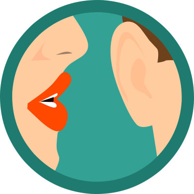 A colour illustration of a mouth whispering into an ear