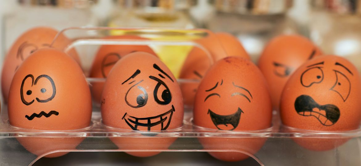 A row of brown eggs with faces and different expressions painted on them with a black marker.