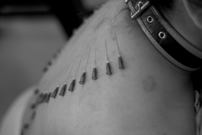 needles pierced through the back of an individual who is also wearing a collar.