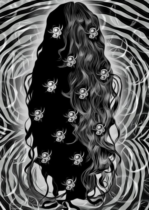 A black and white illustration of a person with long black wavy hair standing against a background of ripples. There are beetle-like ornaments attached along the length of the hair.