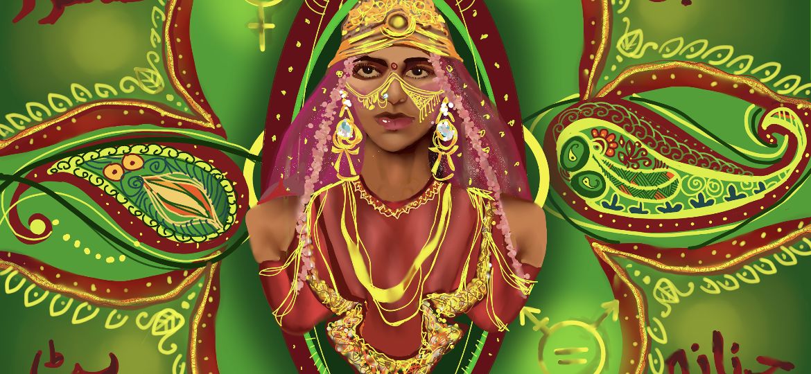 An illustration of a feminine-presenting person wearing ornate headgear, jewellery and drapped in a pink veil. The person is positioned against a green background. A four-directional peacock design acts as a frame around the person. Inside the frame are the symbols for male, female and intersex. Along the four corners, the following words are written in red in Hijra Farsi: initiation, singing, clapping and death.
