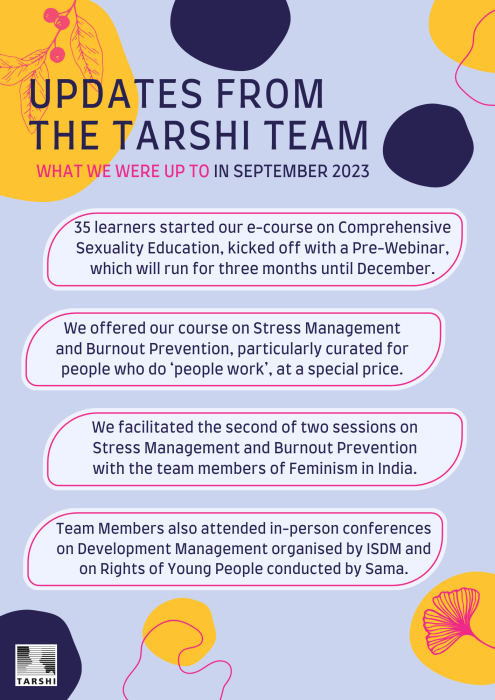 Updates from the TARSHI Team. What we were up to in September 2023

1. 35 learners started our e-course on Comprehensive Sexuality Education, kicked off with a Pre-Webinar which will run for three months until December.

2. We offered our course on Stress Management and Burnout Prevention, particularly curated for people who do 'people work', at a special price.

3. We facilitated the second of two sessions on Stress Management and Burnout Prevention with the team members of Feminism in India.

4. Team members also attended in-person conferences on Development Management organised by ISDM and on Rights of Young People conducted by Sama.