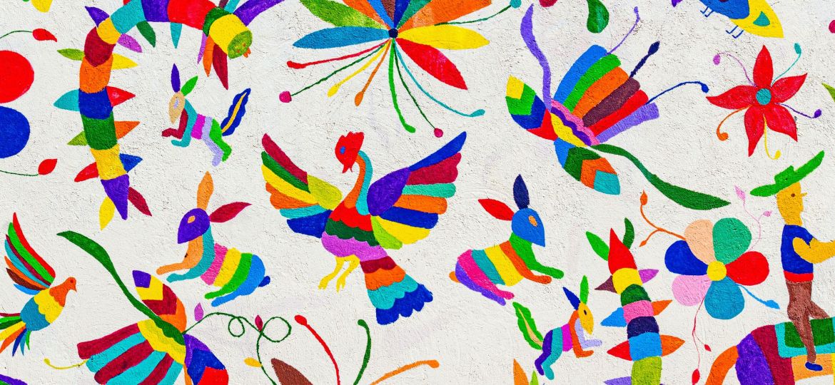 A painting of colourful birds and butterflies on a white background.