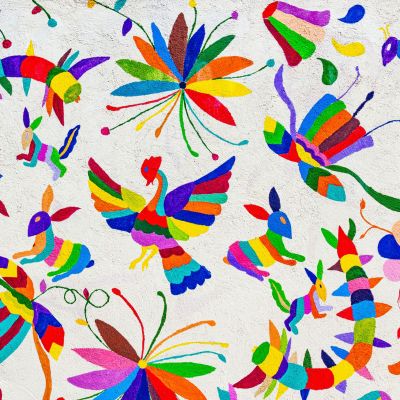 A painting of colourful birds and butterflies on a white background.