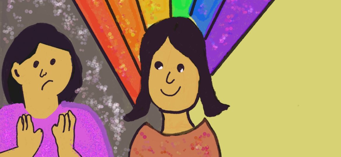 Artwork by Shruti Sharma. It shows two girls, one smiling and holding on to a multi-coloured heart and the other one frowning. A rainbow in the background overlaid with a running film reel.