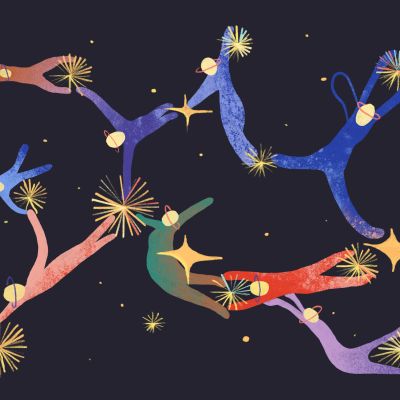 An artwork that depicts humanoid figures in various postures connected to each other on a black background with twinkling stars.