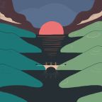 Artwork showing two finger-like landmasses connected by a bridge in the middle while a sun rises in the distance.