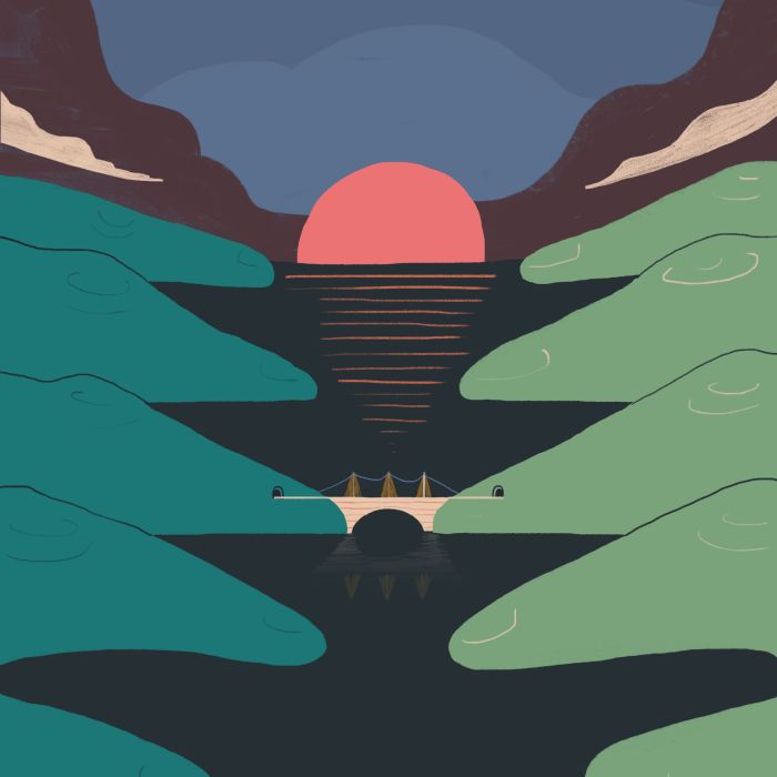 Artwork showing two finger-like landmasses connected by a bridge in the middle while a sun rises in the distance.