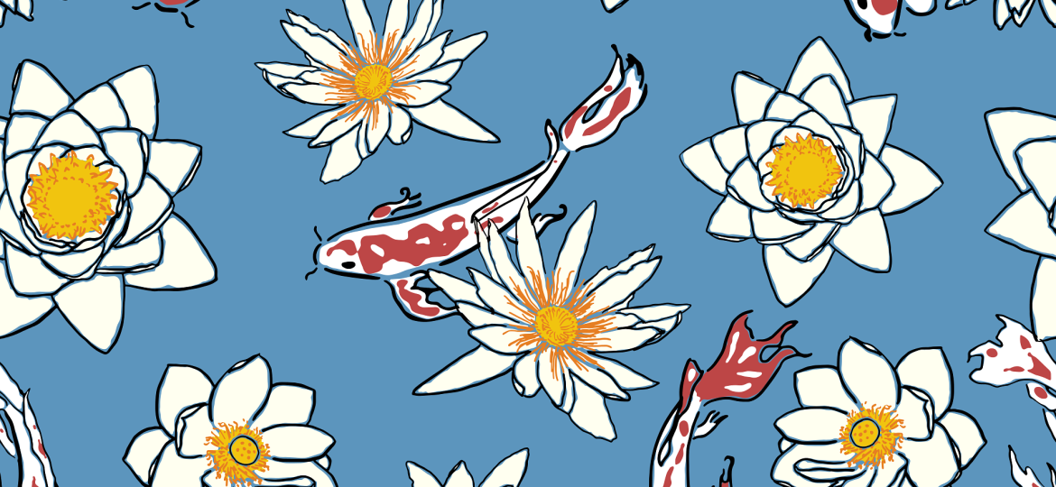 Japanese koi pattern on blue background.