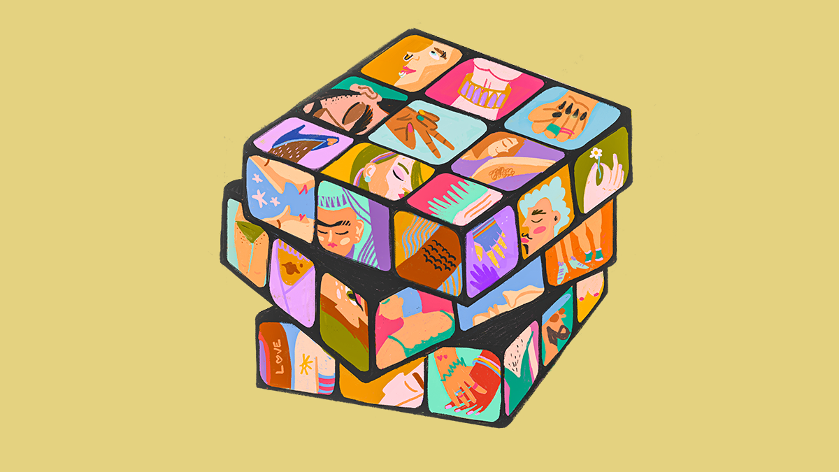 An illustration of a rubik's cube with various portrayal of beauty and intimacy