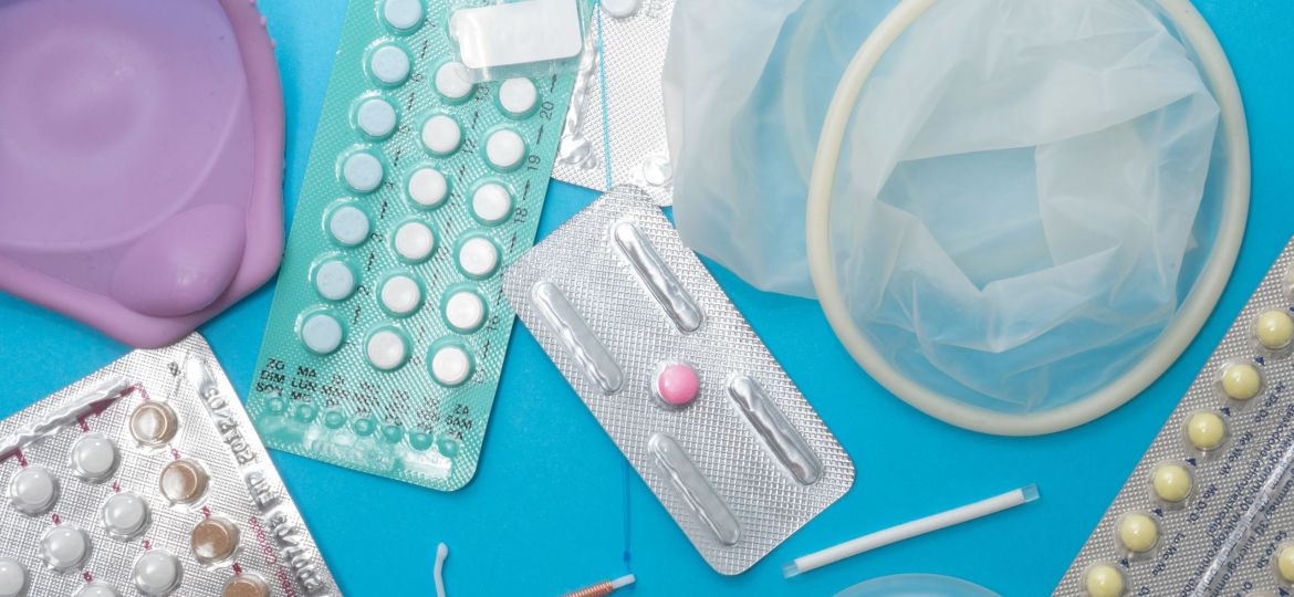 Selection of reproductive health supplies: pills, diaphragm, condoms, vaginal ring, IUD, implant, dmpa, birth-control pills, emergency contraception pill