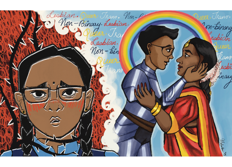 An illustration of a young girl blushing in the foreground and an Indian lesbian couple in wedding attire embracing, framed by a queer rainbow halo. "Lesbian" and "non-binary" appear subtly in the background.