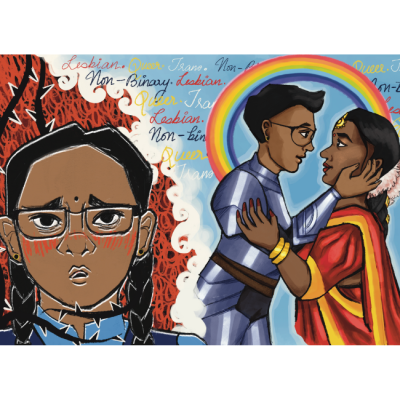 An illustration of a young girl blushing in the foreground and an Indian lesbian couple in wedding attire embracing, framed by a queer rainbow halo. "Lesbian" and "non-binary" appear subtly in the background.