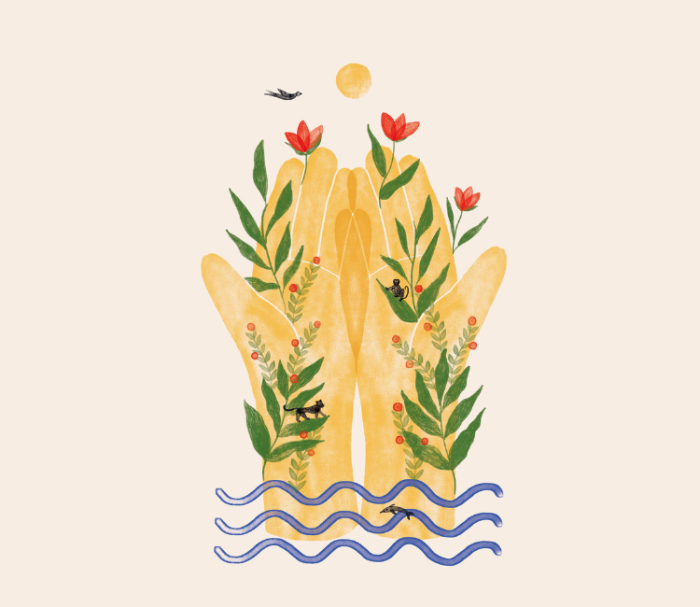 An editorial illustration of two open hands joined to form one person with several natural elements on it like flowers, and animals.