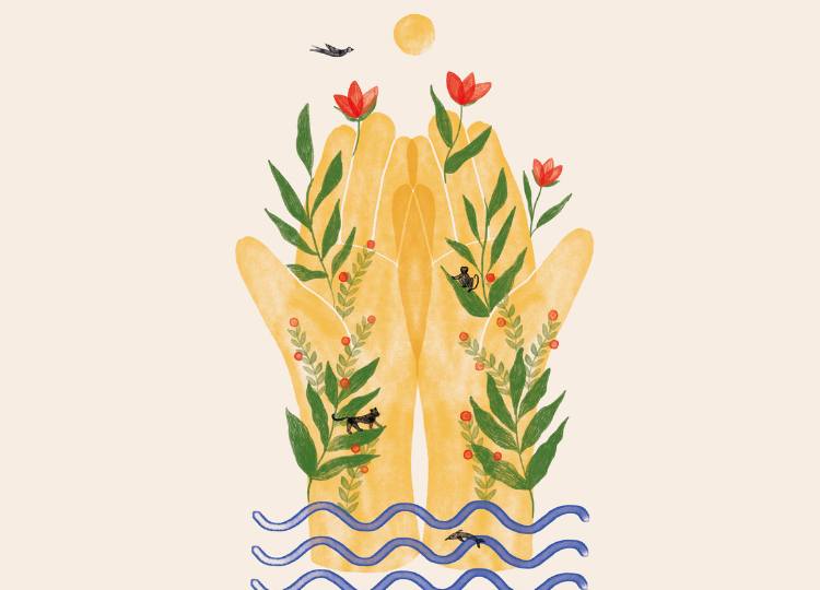 An editorial illustration of two open hands joined to form one person with several natural elements on it like flowers, and animals.