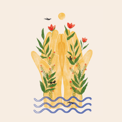 An editorial illustration of two open hands joined to form one person with several natural elements on it like flowers, and animals.