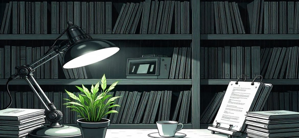 An illustration of a desk with a table lamp shedding light on a plant. There are some documents on the table, a cup of tea and the table overlooks a book shelf