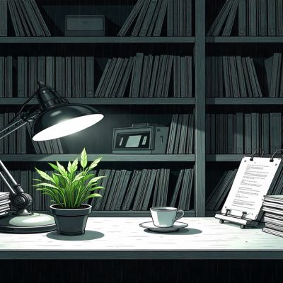 An illustration of a desk with a table lamp shedding light on a plant. There are some documents on the table, a cup of tea and the table overlooks a book shelf