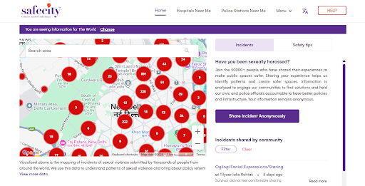 A screenshot of all the red dots that represent the harassment report in New Delhi on safecity's website.