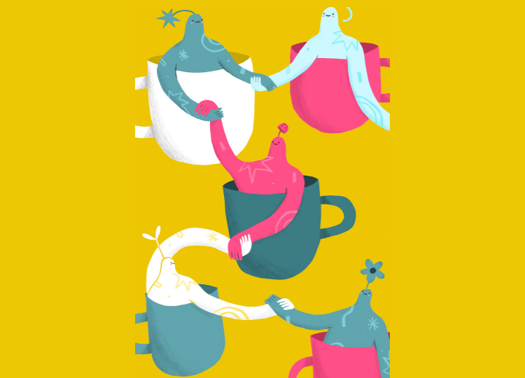 An illustration that plays on the word solidarity with different cups holding hands