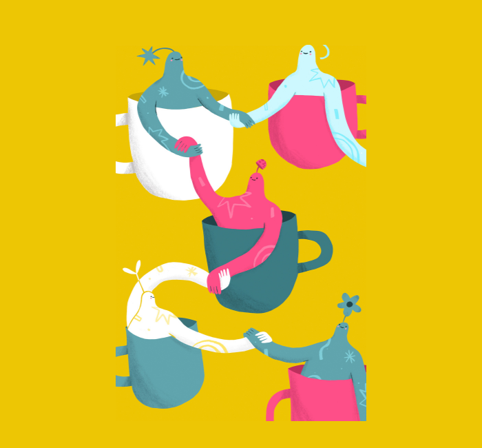 An illustration that plays on the word solidarity with different cups holding hands