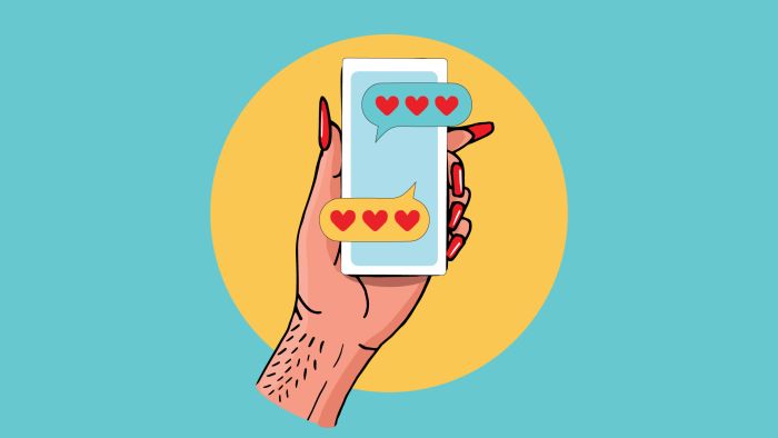 an illustration of a hand holding a phone with text exchanges of love