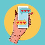 an illustration of a hand holding a phone with text exchanges of love