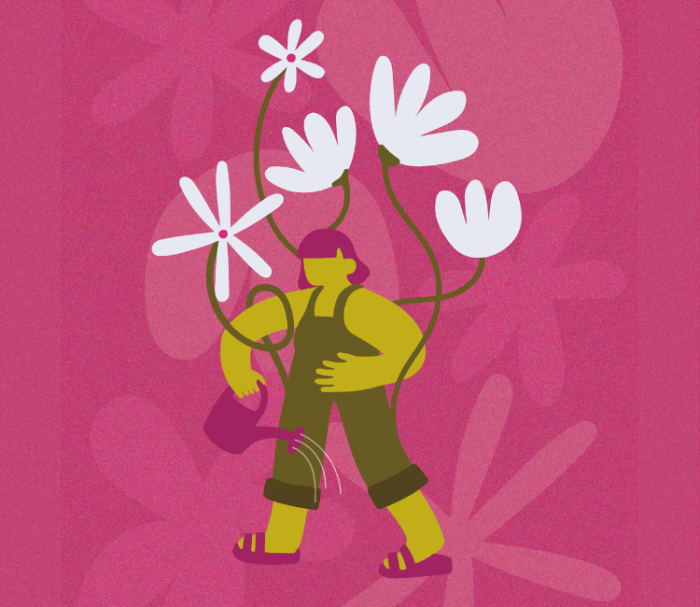 An illustration of a character trying holding onto flowers. About growth. BY Olga Mrozek for IPPF x Fine Acts